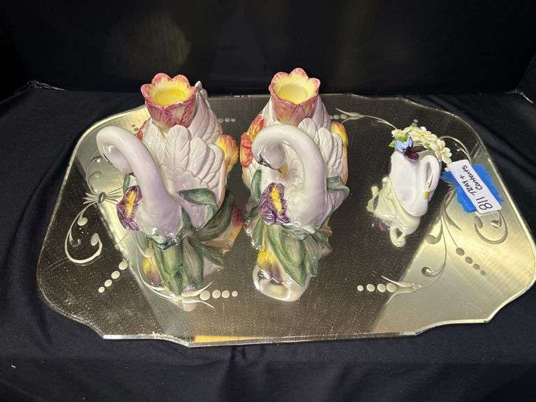 Decorative Swan Figural Items and Mirrored Tray image