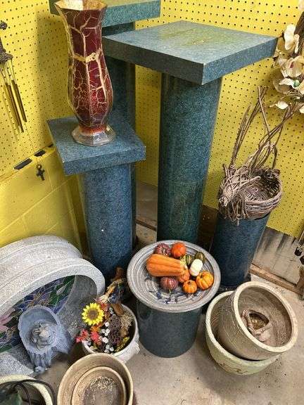 Assorted Home and Garden Decor Items: Pots, Vase, Planters, Stands, Frog image