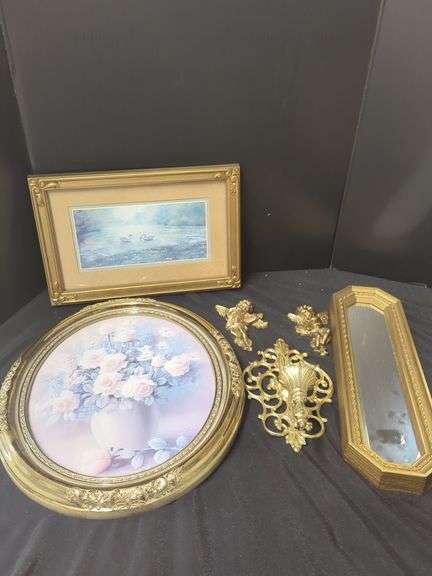 Framed Prints, Mirror, and Gold Tone Angel and Sconce Decor image