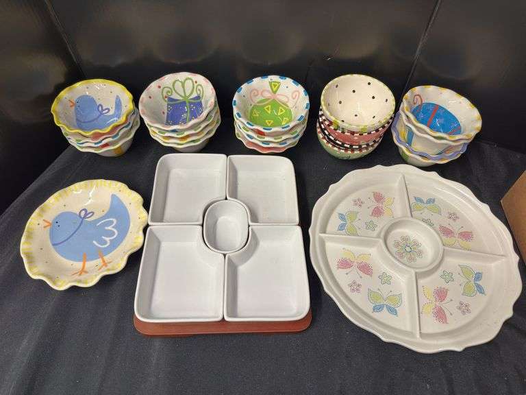 Painted Ceramic Serving Bowls and Divided Serving Platters image