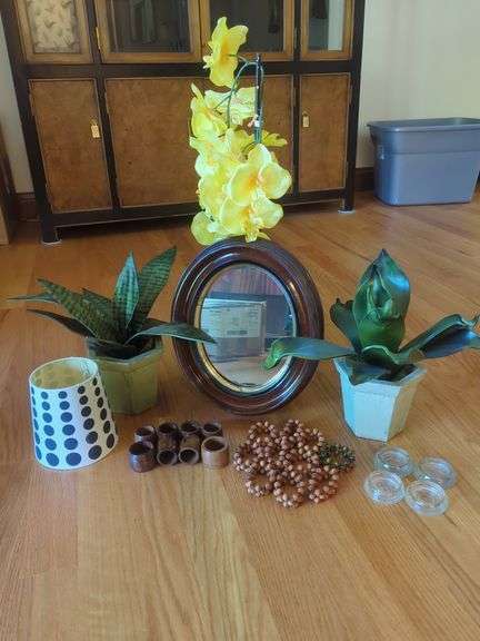 Eclectic Home Decor Grouping: Potted Plants, Mirror, and Accessories image