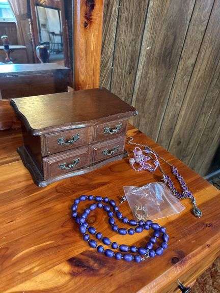 Wood Jewelry Box with Assorted Jewelry