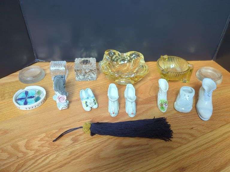 Collection of Miniature Shoes, Glass Ashtrays and Tassels image