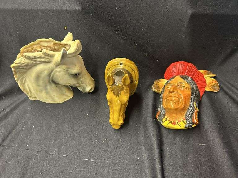 Set of 3 Wall Hanging Planters Horse Head and Native American image