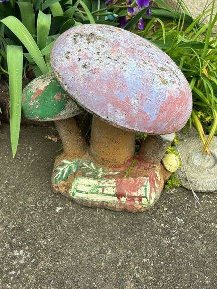 Handmade Garden Decorations: Mushroom Statue and Cardinal Flower Display