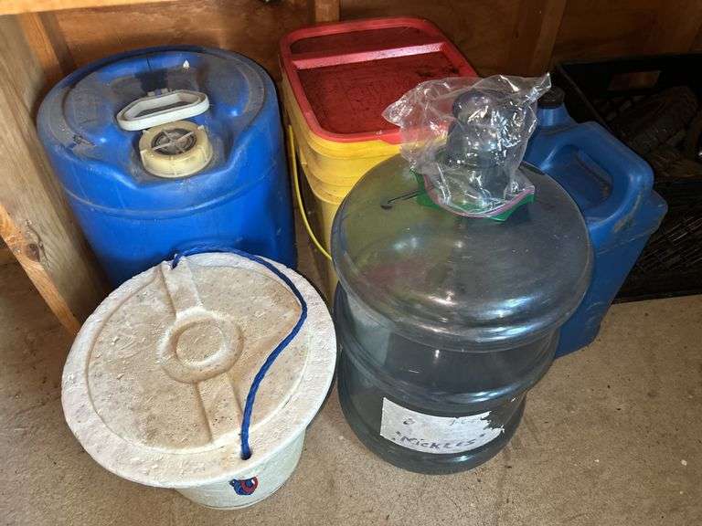 Assorted Containers: Plastic Drums, Buckets, and Storage