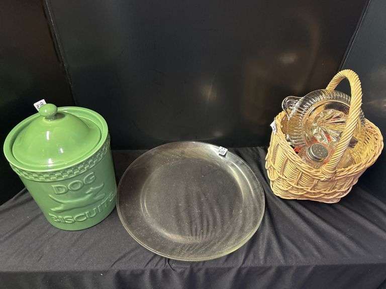 Longaberger Dog Biscuits Jar, Plate and Kitchen Tools in Basket image