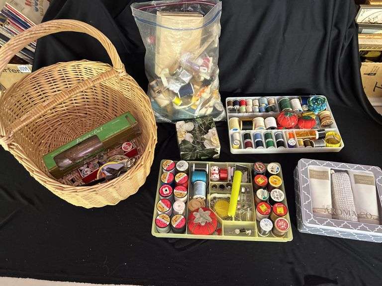 Sewing Lot - Spools, Thread, Scissors, Basket, Accessories image