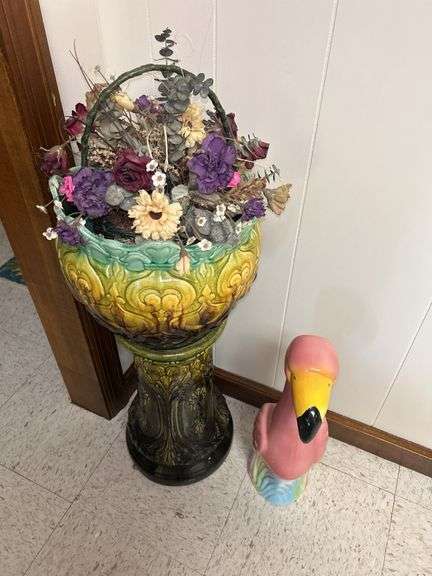 Ceramic Floral Jardiniere and Pedestal and Flamingo Statue image