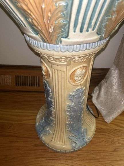 Ornate Ceramic Jardiniere and Pedestal Planter with Flowers image