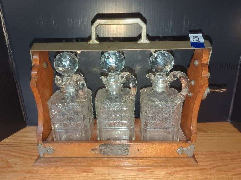 Cut Crystal Decanters in Wooden Rack with Locking Mechanism image