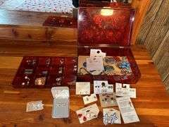 Jewelry Lot with Red Jewelry Box, Brooches, Earrings, and Religious Pins