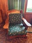 Rustic Wood Armchair with Wildlife Motif Cushions