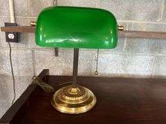 Wooden Desk with Chair and Banker's Lamp