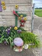 Handmade Garden Decorations: Mushroom Statue and Cardinal Flower Display