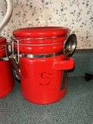 Kitchen Lot: Red Canisters, Knife Block Set, Apple Mugs