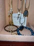 Wood Jewelry Cabinet with Assorted Costume Jewelry