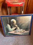 Kitchen Collection: Red Metal Chair, Potato/Onion Bin, and Framed Richard Brooks Print