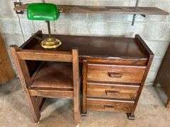 Wooden Desk with Chair and Banker's Lamp