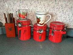 Kitchen Lot: Red Canisters, Knife Block Set, Apple Mugs