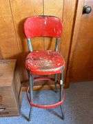 Kitchen Collection: Red Metal Chair, Potato/Onion Bin, and Framed Richard Brooks Print