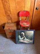 Kitchen Collection: Red Metal Chair, Potato/Onion Bin, and Framed Richard Brooks Print
