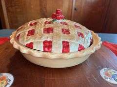 Ceramic Pie Dish with Lattice Lid and Wooden Serving Board