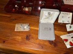 Jewelry Lot with Red Jewelry Box, Brooches, Earrings, and Religious Pins