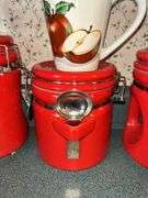 Kitchen Lot: Red Canisters, Knife Block Set, Apple Mugs