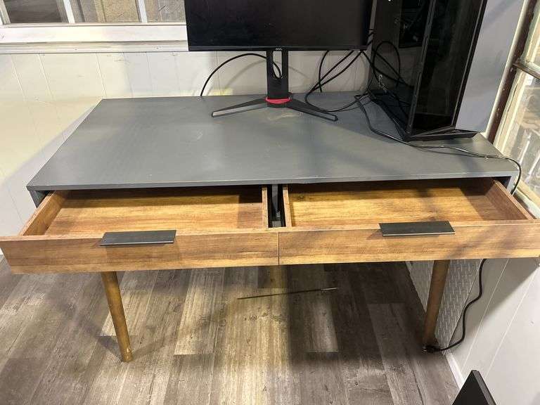 Modern Gray and Wood Finish Desk with Drawers