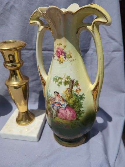 Pair of English Vases with Courting Scene and Pair of Brass Candlesticks