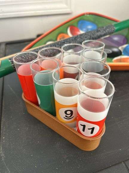 Billiard Pool Set with Shot Glasses, Rack, and Cue Stick