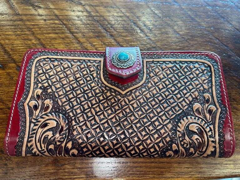 Hand Tooled Leather Wallet with Turquoise Accent image