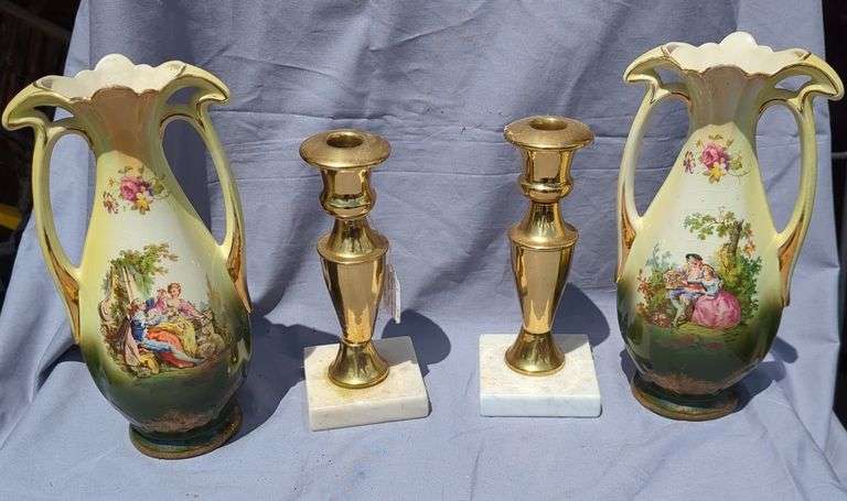 Pair of English Vases with Courting Scene and Pair of Brass Candlesticks image