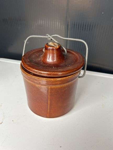 Brown Glazed Stoneware Crock with Metal Handle image