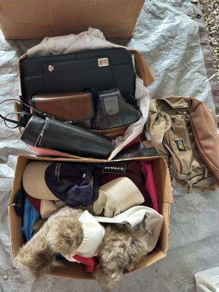 Box Lot: Minolta Camera, Binoculars, Laptop Bag, Backpack, and Hats image