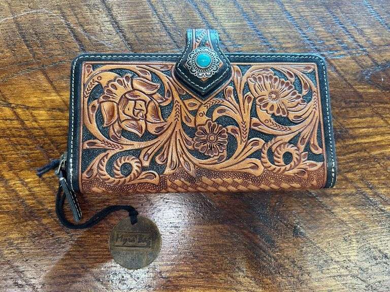 Leather Wallet with Floral Design and Turquoise Accent image