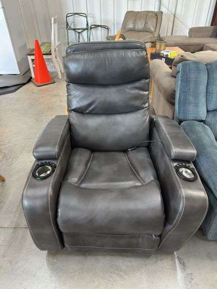 Modern Gray Leather Power Recliner with Cupholders image