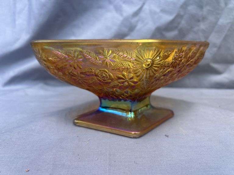 Iridescent Carnival Glass Footed Bowl