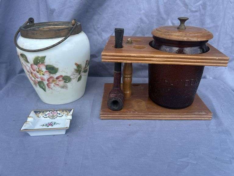 Smoking Set with Tobacco Humidor, Pipe Holder, and Floral Decorated Items image