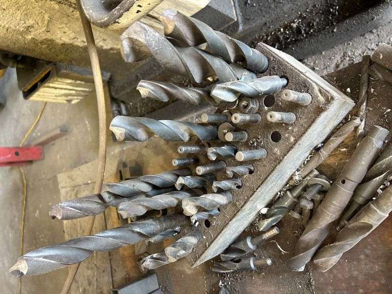 Large Assortment of Metal Drill Bits in Metal Organizer