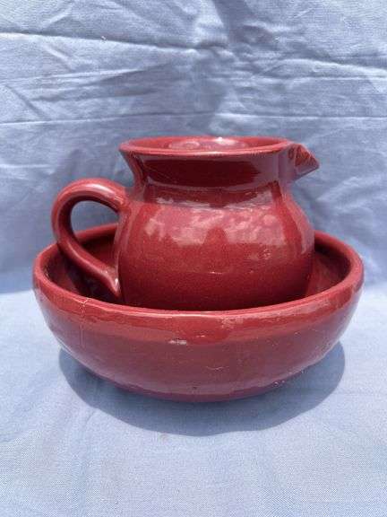 ByBee Red Glazed Pottery Pitcher and Bowl Set image
