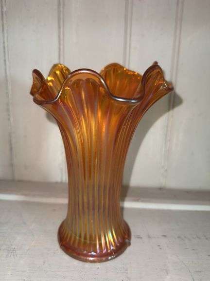 Iridescent Orange Glass Vase with Ruffled Rim image
