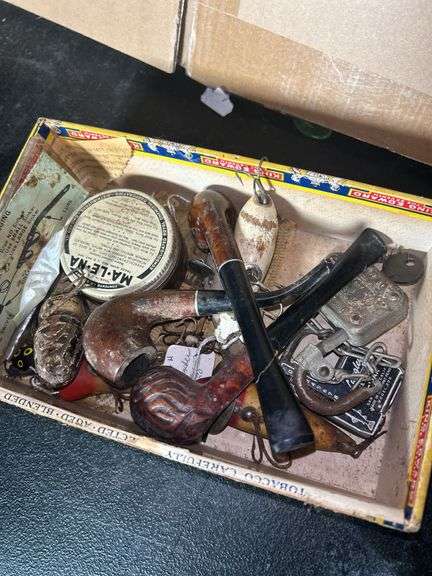 Mixed Lot: Smoking Pipes, Fishing Lures, and Padlock image