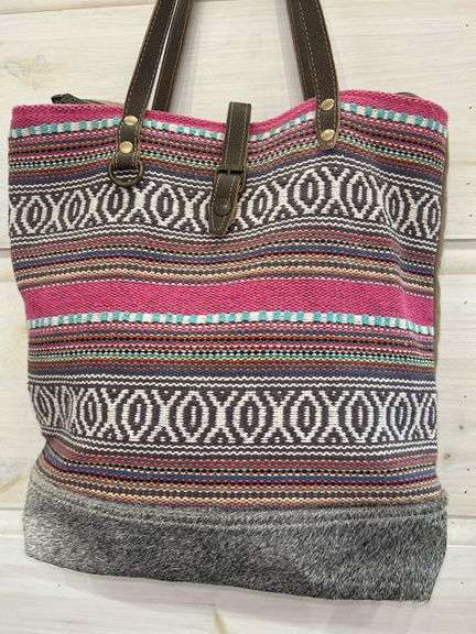 Myra Bag Woven Tote Bag with Leather Straps and Fur Accent