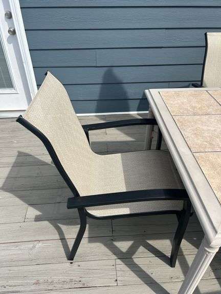 Tile Top Patio Dining Set with 6 Chairs and Umbrella