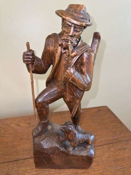 Hand Carved Wooden Figure of Hunter with Dog and Pipe image