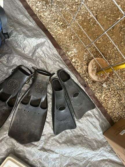 Bucket of Scuba Diving Fins and Plano Tackle Box