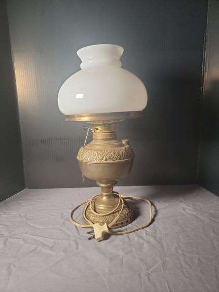 Brass Finish Electric Table Lamp with Milk Glass Shade image