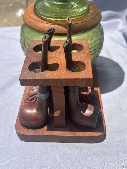 Mid-Century Modern Smoker's Lot: Pipe Stand with Pipes, Ashtray & Glass Bowl